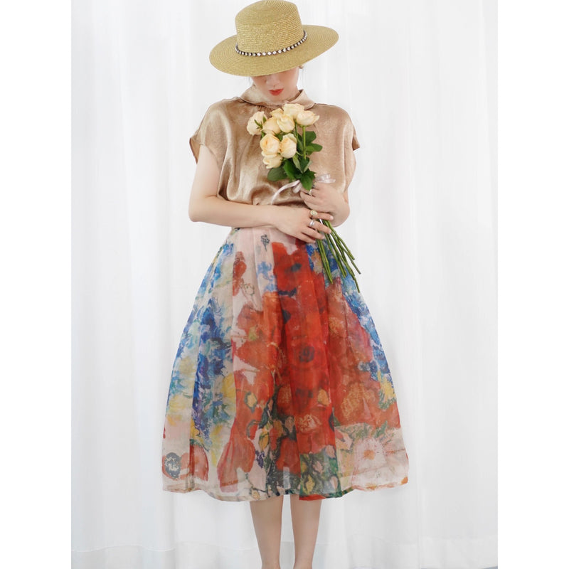 ヒナゲシの花の油彩画オーガンジースカート