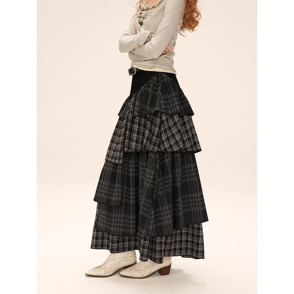 Asymmetrical Checkered Layered Skirt