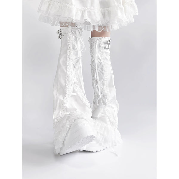 White Frill Lace-up Leg Warmers