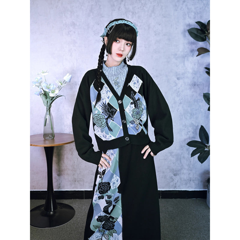 椿の花と鶯の挿絵カーディガンとニットスカート