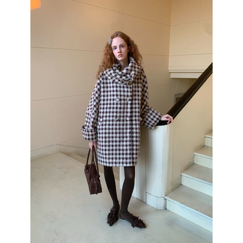 Dark Brown Plaid Snood Wool Coat