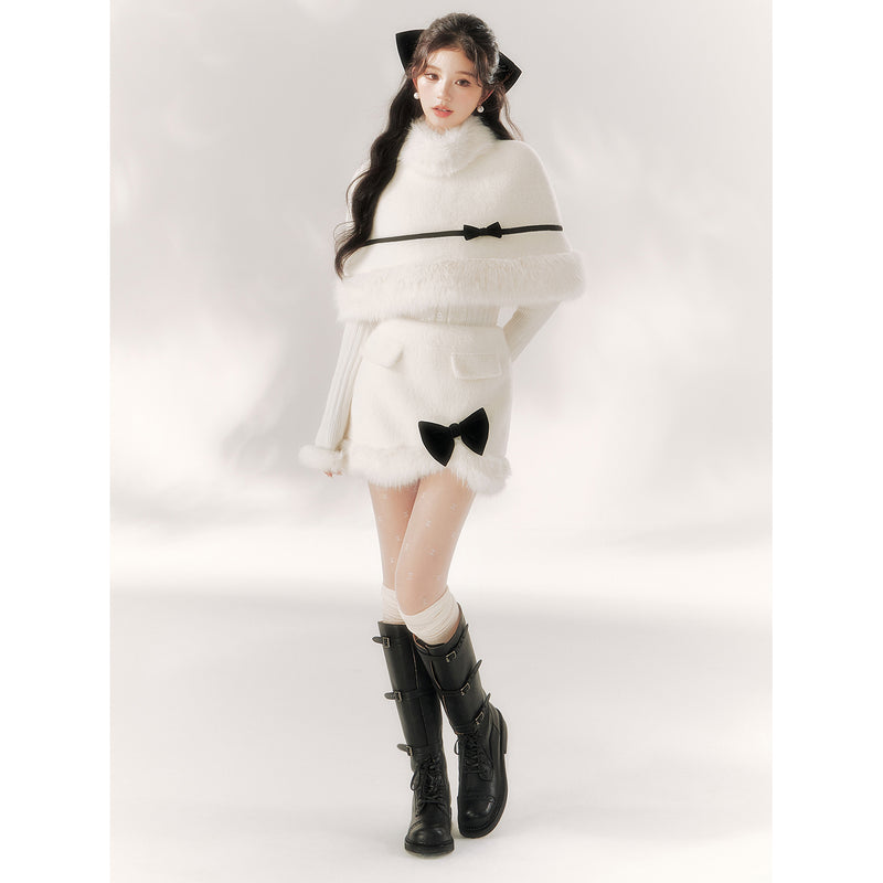 Pure White Ribbon Fur Cape and Skirt