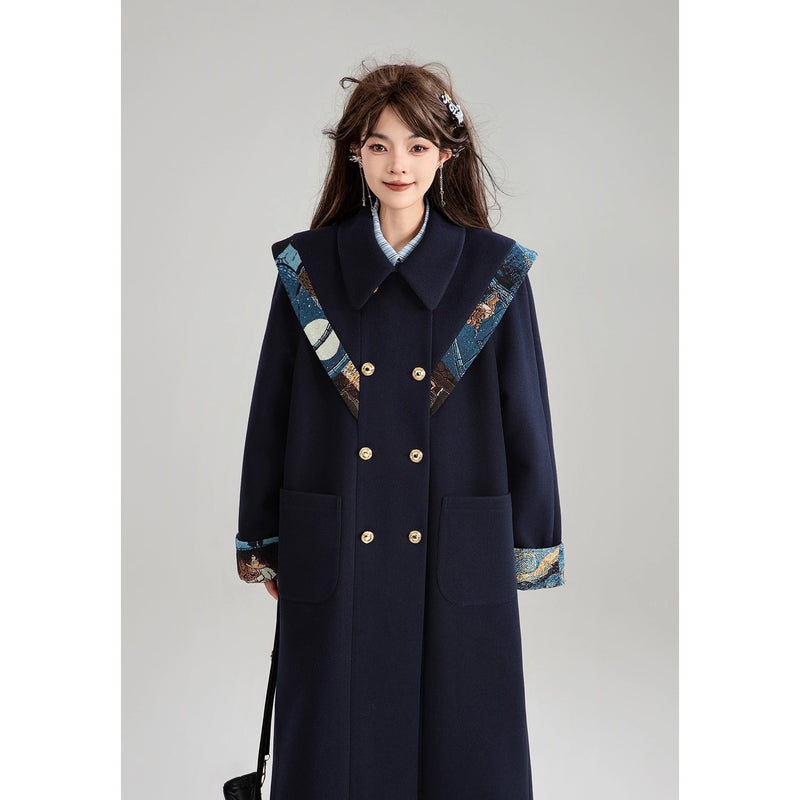 西洋油彩画のリボンダブルブレストロングコート