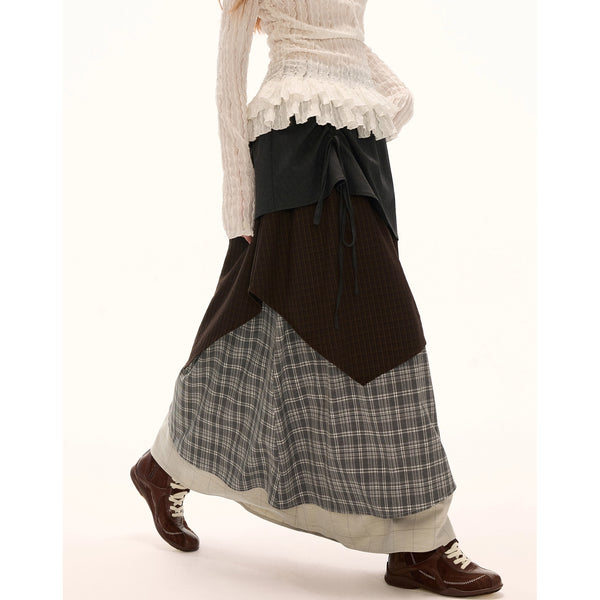Color Block Check Long Skirt - Black Beige