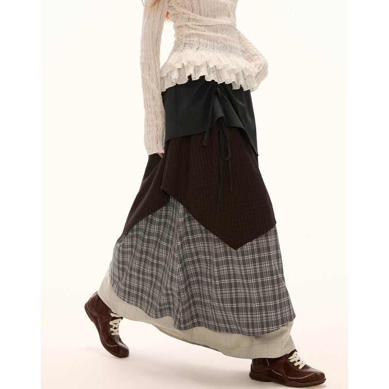 Color Block Check Long Skirt - Black Beige