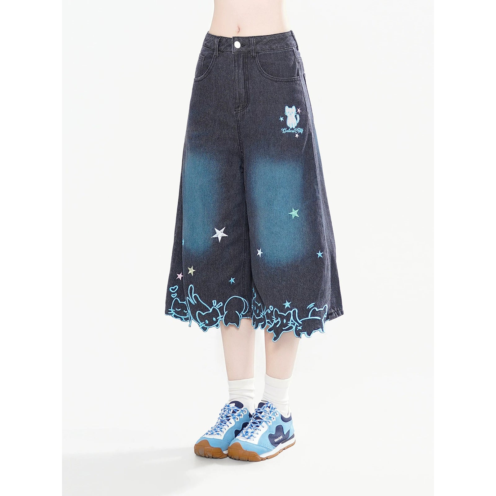 Star and Cat Embroidered Cropped Wide Denim Pants – ManusMachina