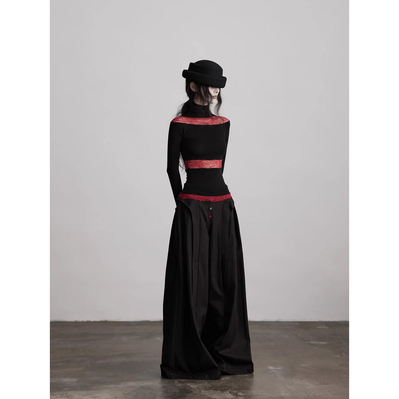 Black Red Turtleneck Knit Top