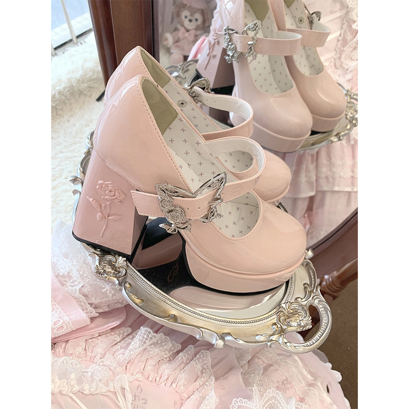 薔薇の花と蝶のゴシックヒールパンプス - Pink