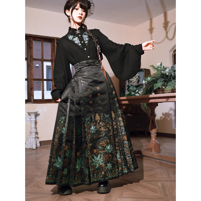 蛇と蘭の花の金織プリーツスカート