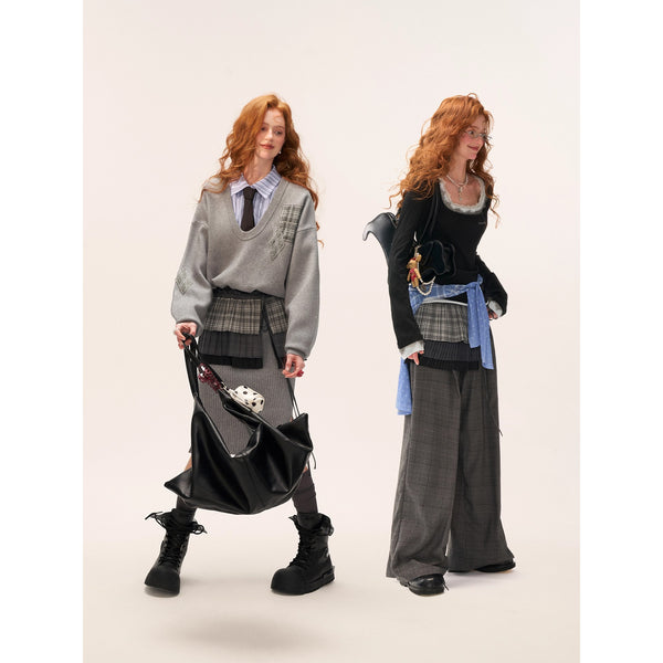 Pleated Check Apron Skirt