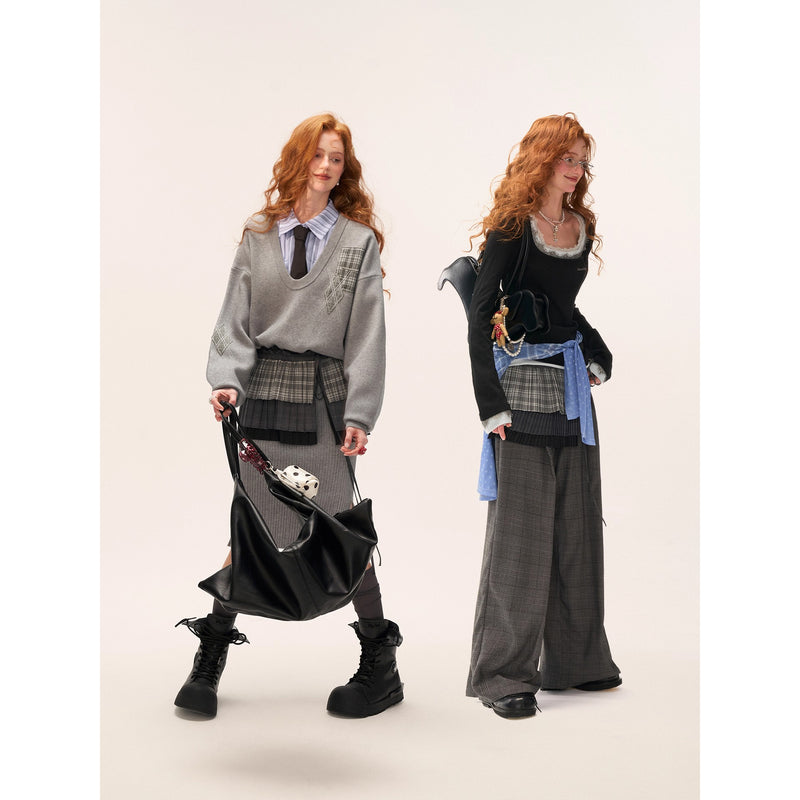 Pleated Check Apron Skirt