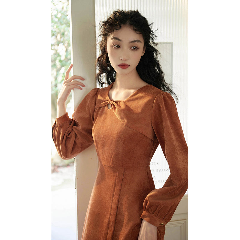 Orange Brown Corduroy Retro Dress