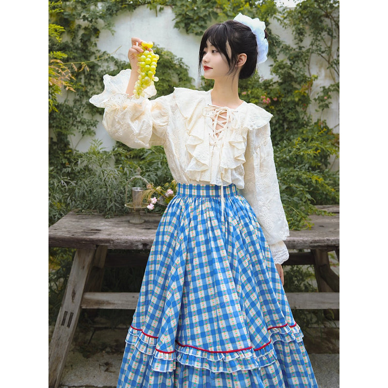 紺碧と花柄の格子柄レトロスカート