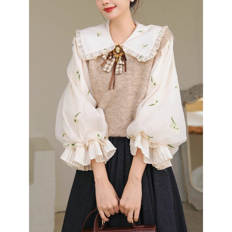 宮廷の花の刺繍ヴィクトリアンブラウスとニットベスト