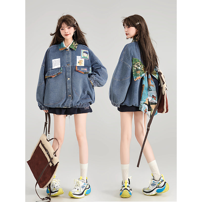 西洋油彩画のリボンデニムジャケット