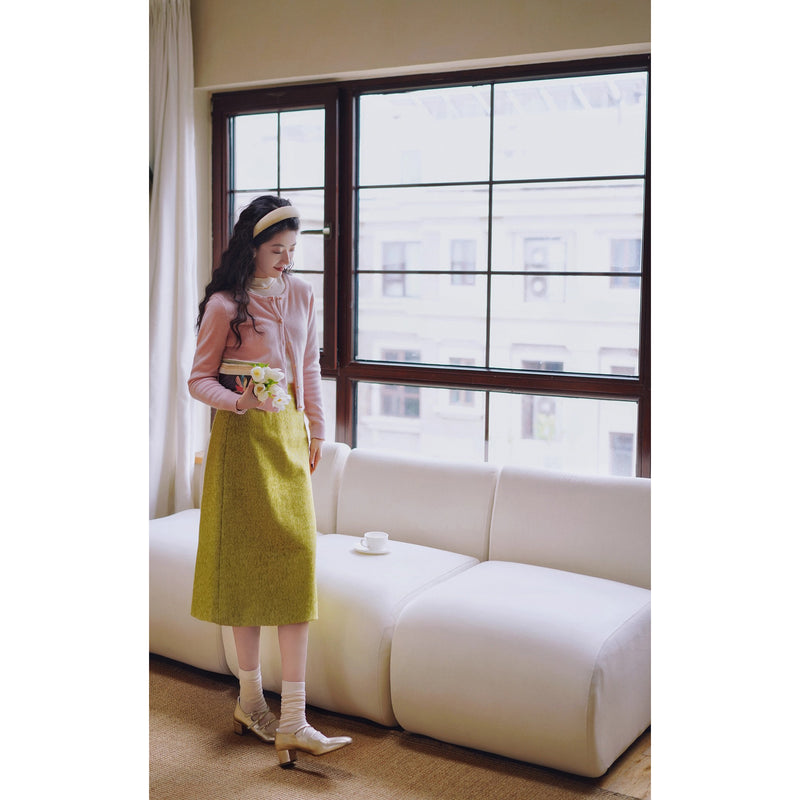 黄緑の若葉色ウールハーフスカート