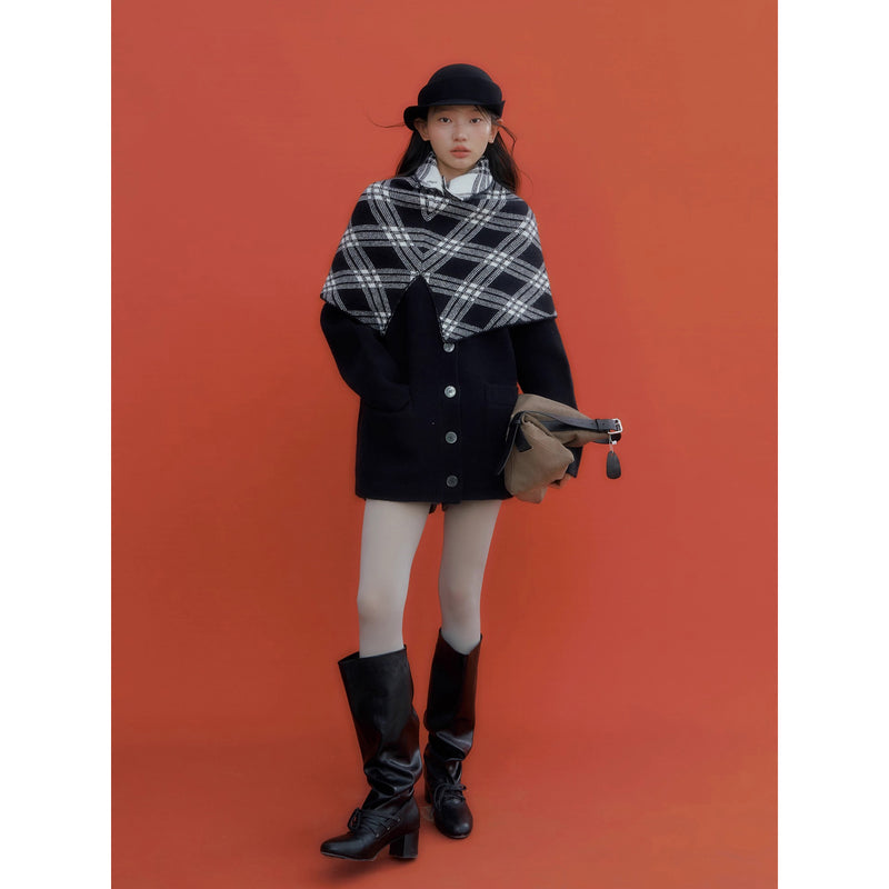 Checkered Cape and Black Knit Cardigan