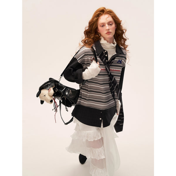 Embroidered Striped Polo Top