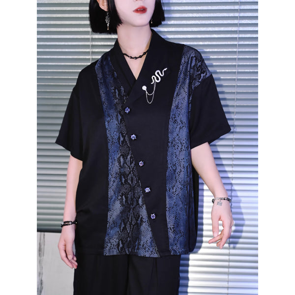 藍紫の蛇鱗アシンメトリーシャツ