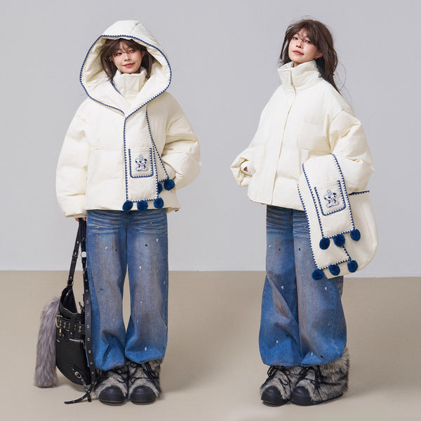 子犬の刺繍フードダウンジャケット