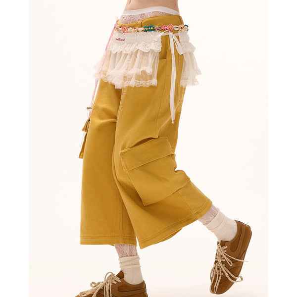 Mustard-Colored Cargo Wide Pants