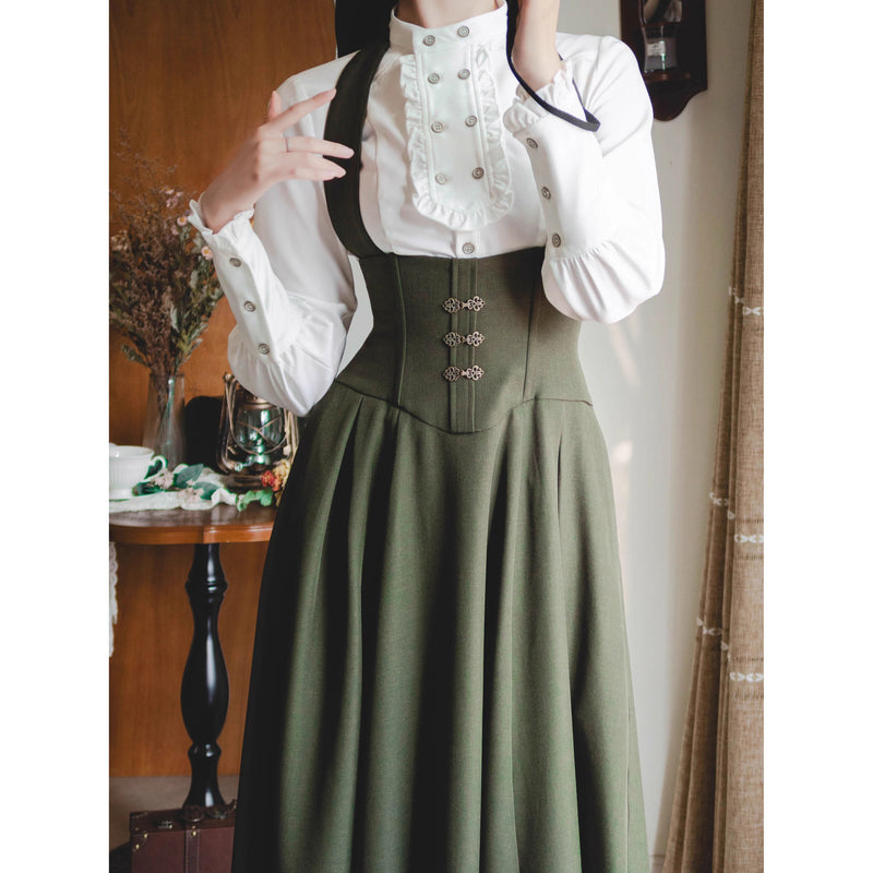 英国のお嬢様のスタンドカラーブラウス - White