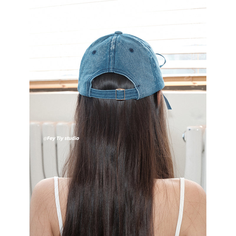 Denim Cap with a Ribbon