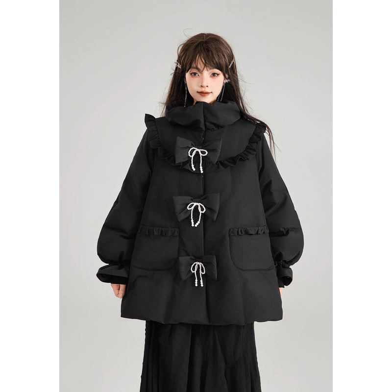 黒のお嬢様のリボンダウンジャケット