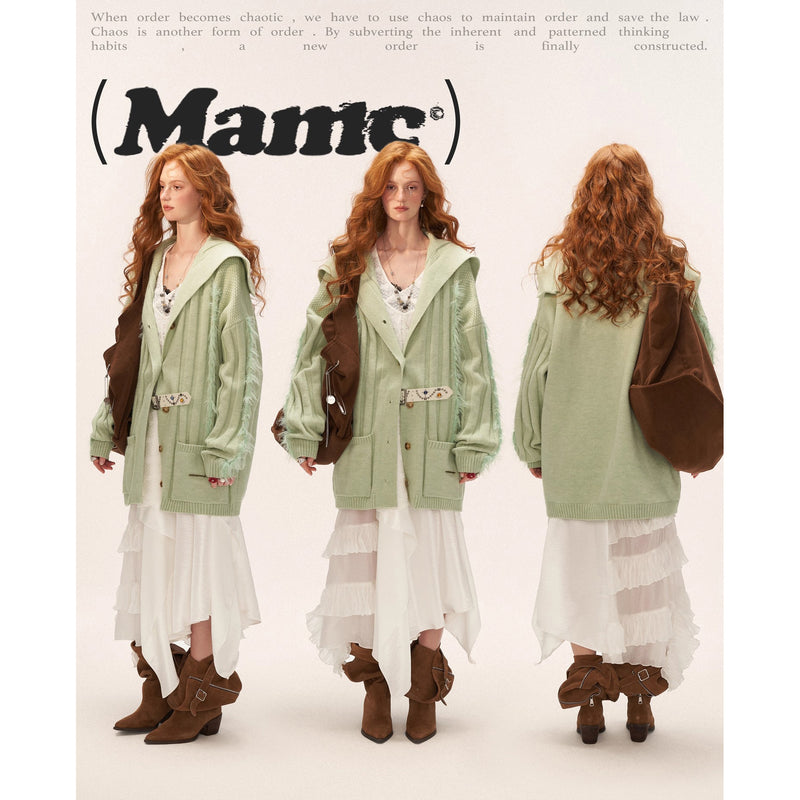 Fur-trimmed Ribbed Knit Cardigan - Light Green