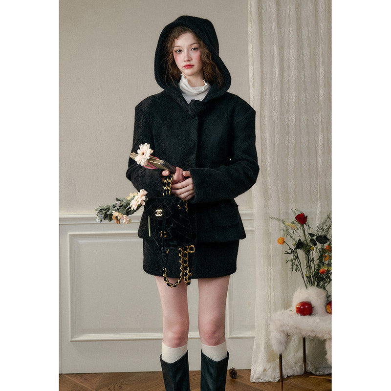 Black Hooded Jacket and Short Skirt