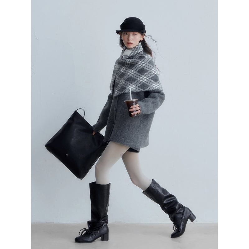 Checkered Cape and Grey Knit Cardigan