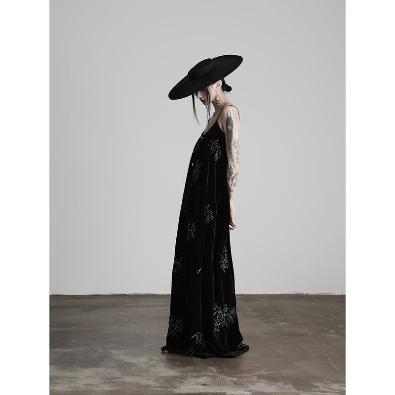 Black Velvet Embroidered Long Strap Dress