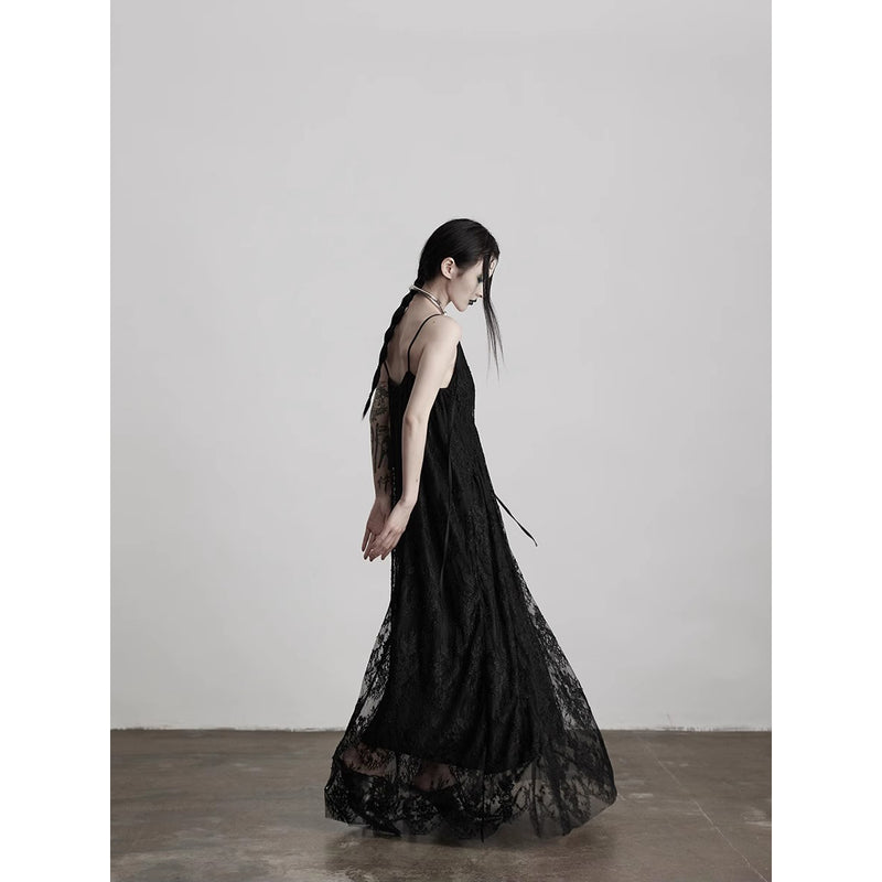 Dark Night Flower Embroidered Lace Camisole Dress