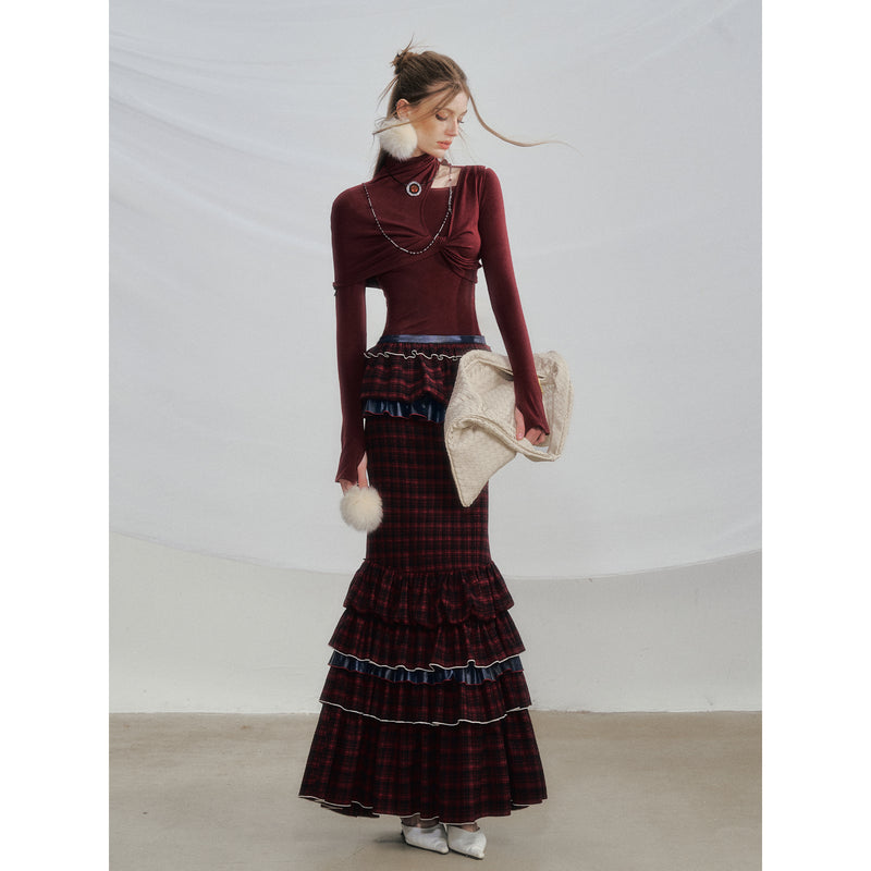 Wine Red Docking Plaid Tiered Skirt