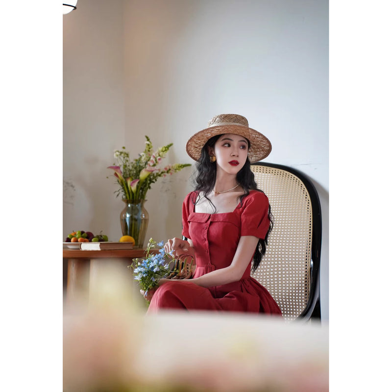 紅赤の貴婦人ヘップバーンワンピース
