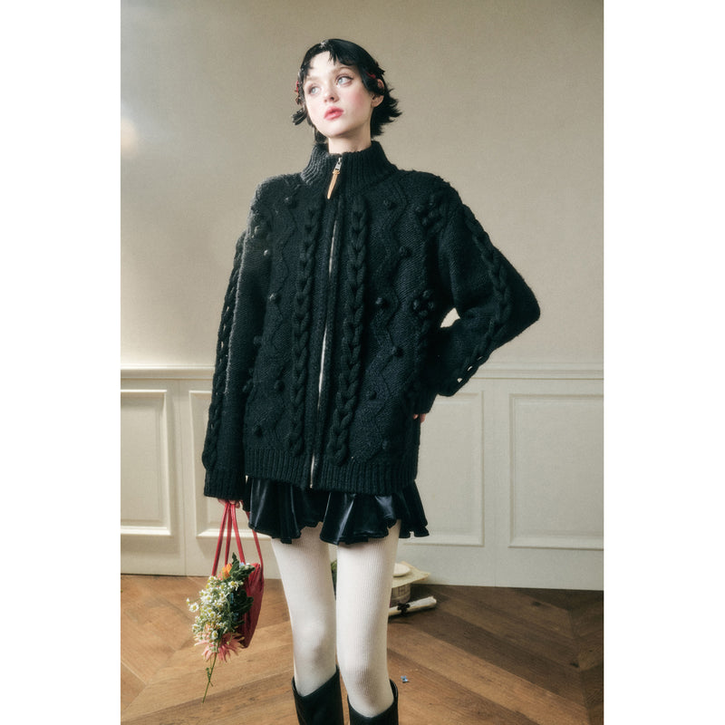 Hand-Knitted Cable Pattern Wool Knit Jacket