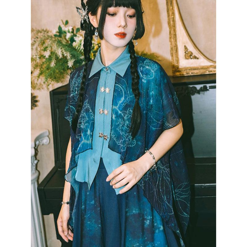 深藍の海月のシフォンブラウス