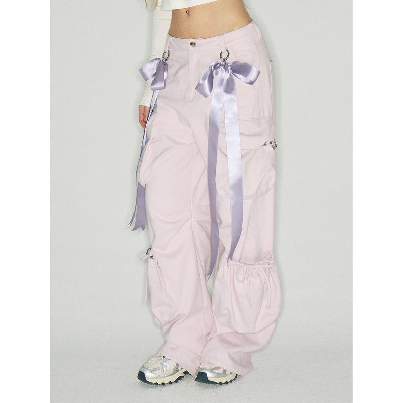 Pink Cargo Pants with Purple Ribbons