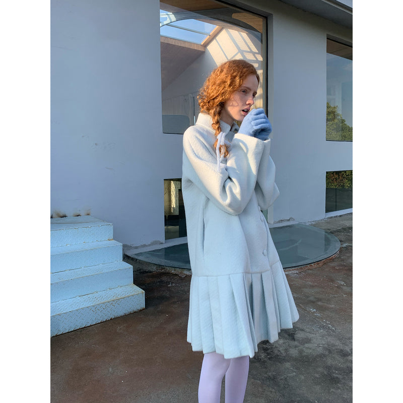 Frosty Blue Wool Pleated Coat Dress