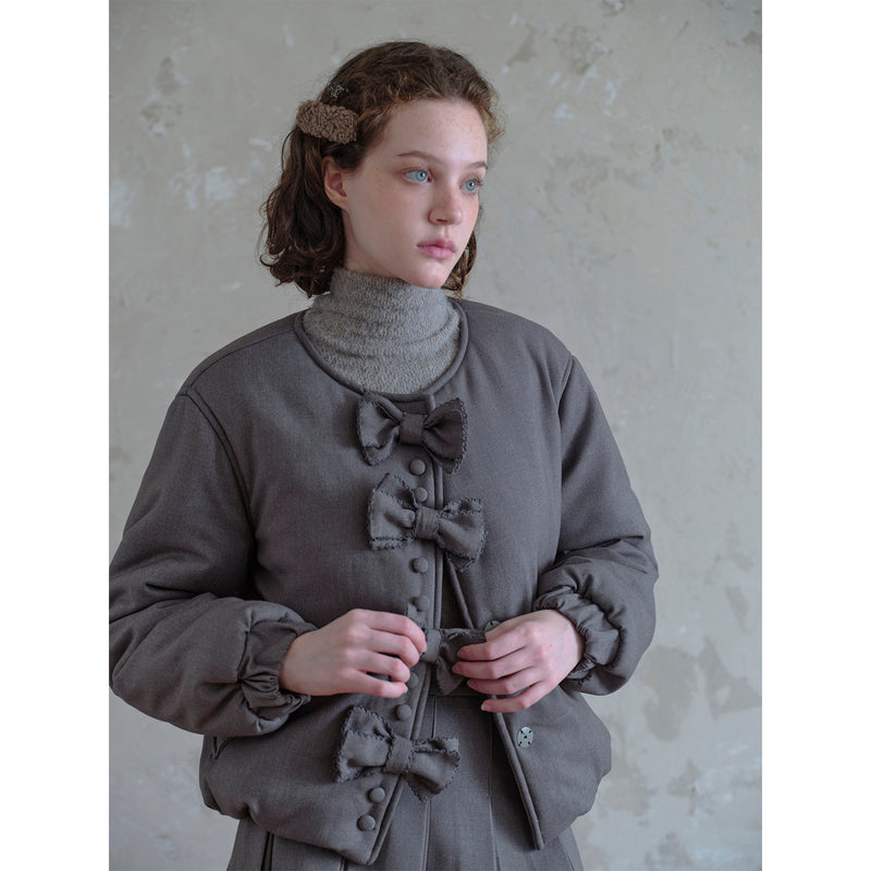 Grey Ribbon Cotton Down Jacket