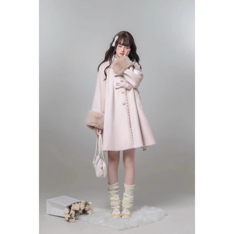 桜色のお嬢様のリボンファーウールコート