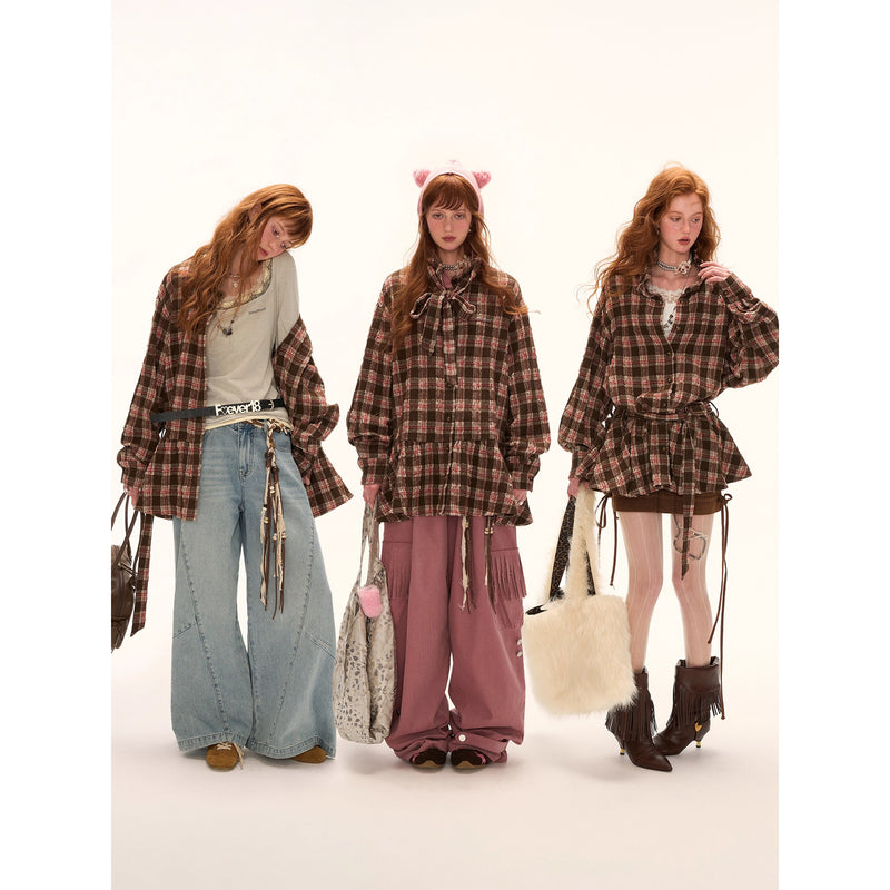 Vintage Brown Checkered Shirt Dress