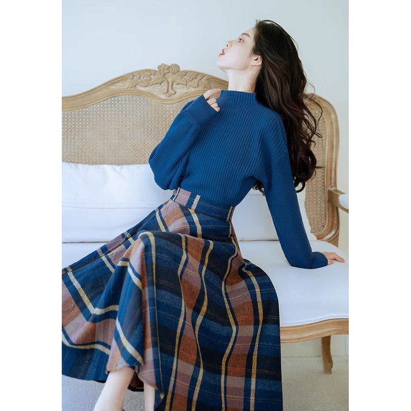 Blue-Brown Checkered Retro Skirt and Blue Knit Sweater
