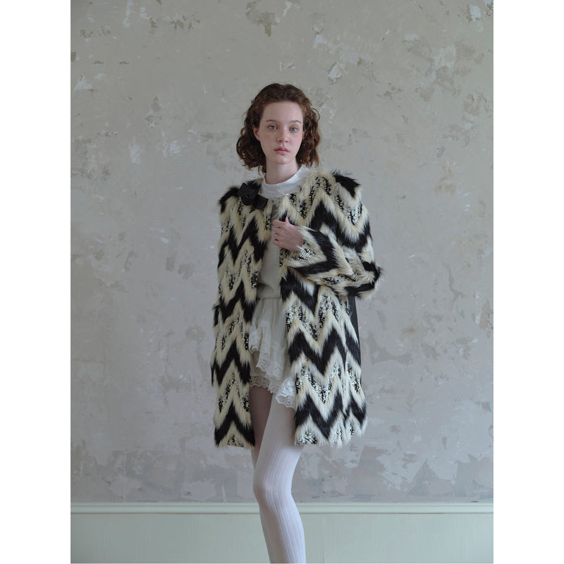 Geometric Pattern and Leather Fur Coat