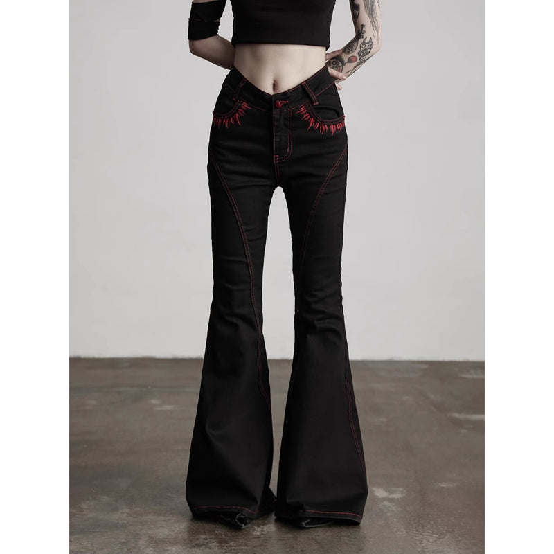 Punk Embroidered Flared Denim Pants