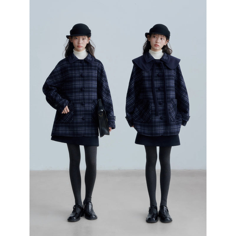 Dark Navy Check Preppy Wool Coat