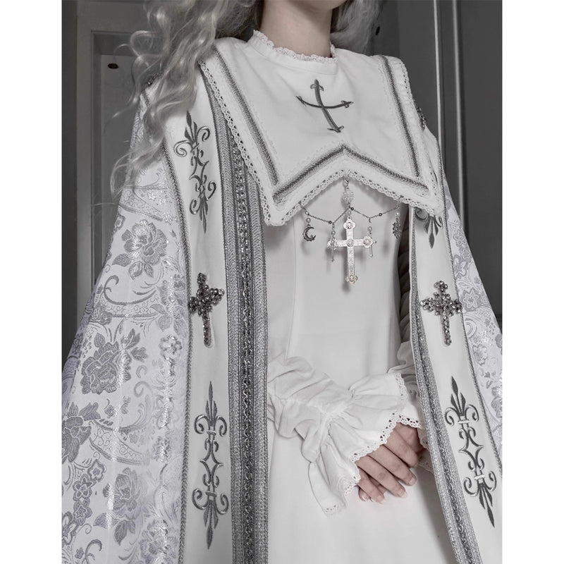 月夜の修道女の刺繍ロングマント - White Silver[2025年12月上旬-2026年1月上旬発送予定]