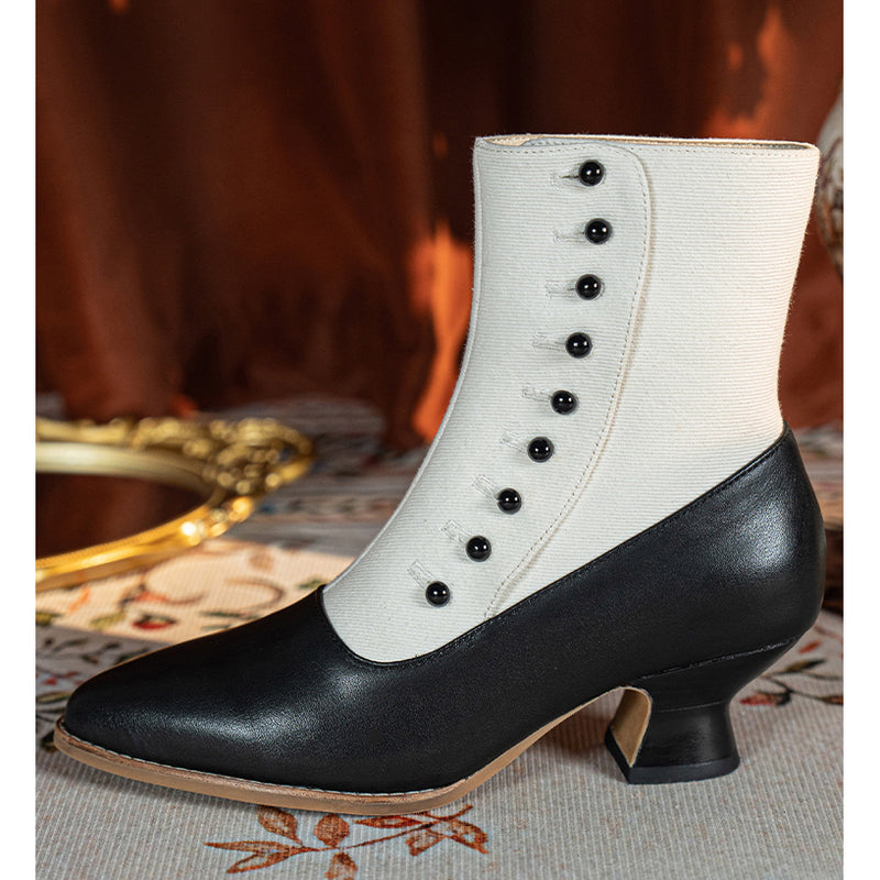 Victorian Pointed Toe Buttoned Short Boots - Black White