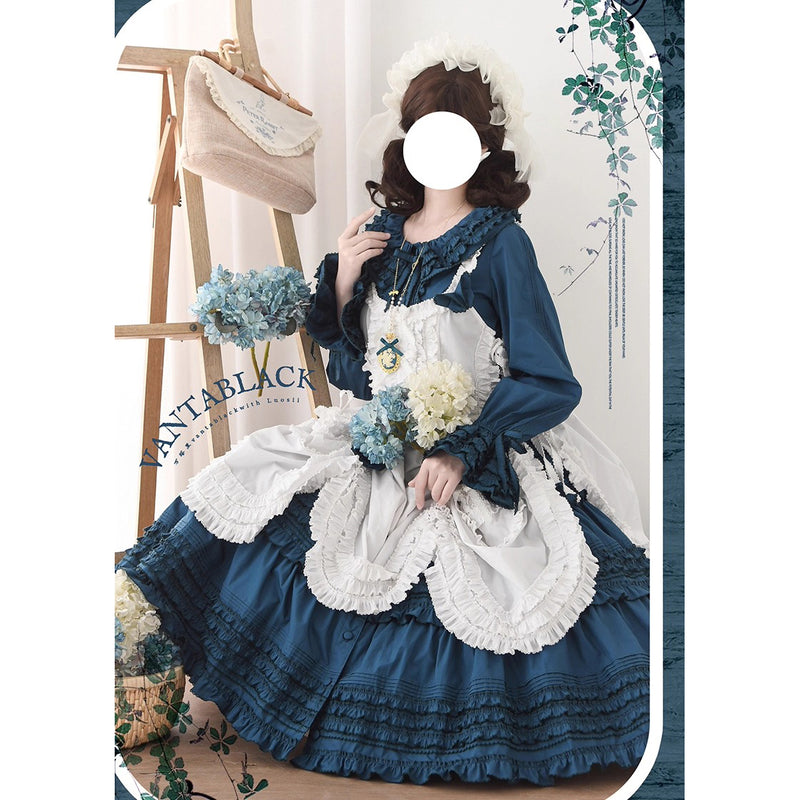 孔雀青のお嬢様のフリルトップスとティアードスカートとホワイトエプロン