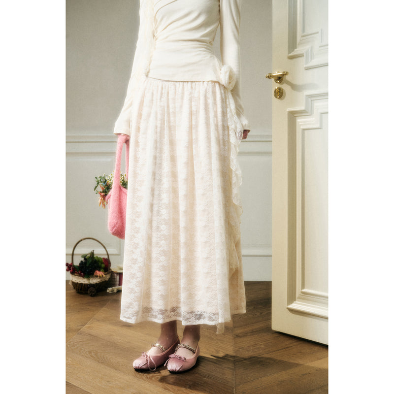 Rose Patterned Lace Top and Long Skirt - Ivory